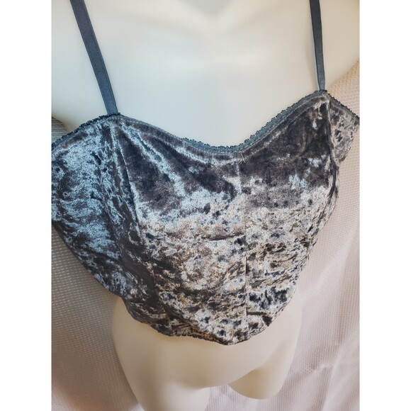 Blue Gray Spaghetti Strap Crushed Velvet Cropped Tank Top Cami Size M Vtg 90s - Picture 3 of 5